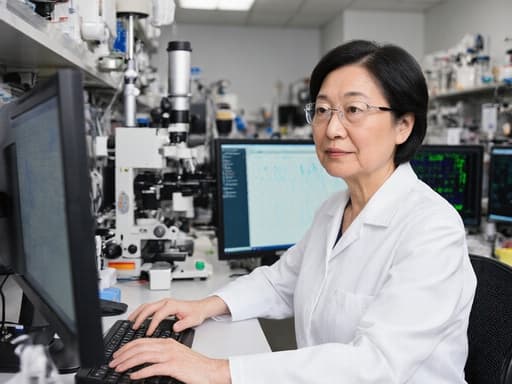 실험실에서 책상에 앉아 데이터 분석 소프트웨어를 사용하는 60대 아시아계 여성의 반신 사진. 그녀는 흰색 실험복을 입고 집중한 모습으로 다양한 실험 기구와 컴퓨터 모니터가 배치된 전문적인 환경을 배경으로 하고 있습니다.