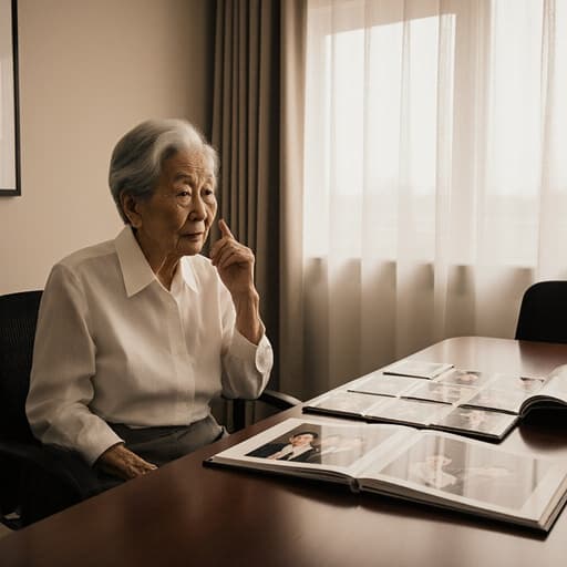 80대 한국인 여성이 편안한 블라우스와 바지를 입고 회의실 테이블에 앉아 있는 반신 사진입니다. 따뜻한 조명 아래에서 가족 사진이 담긴 앨범을 바라보며 깊은 생각에 잠긴 모습입니다. 피곤한 표정은 가족과의 소중한 순간들을 회상하는 듯한 감정을 전합니다. 테이블 위에는 여러 가족 사진이 흩어져 있어 따뜻한 분위기를 더하고 있습니다.