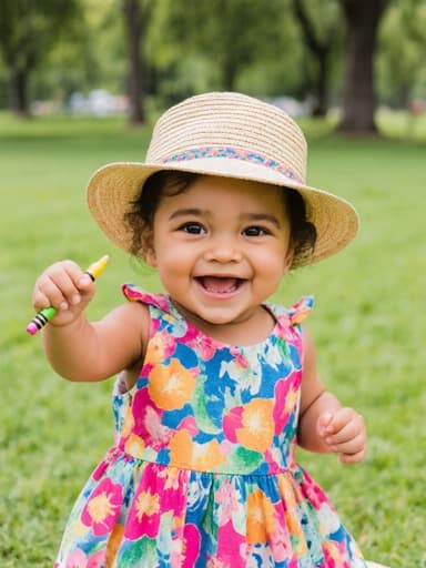 즐거워하는 표정을 짓고 있는 1세의 혼혈 여자 아기가 밝은 색상의 원피스와 귀여운 모자를 착용하고, 공원 잔디 위에 앉아 색연필을 들고 그림을 그리고 있습니다. 배경은 푸른 잔디와 나무로 가득 차 있습니다.