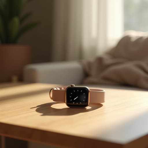 나무 스칸디나비아 스타일 홈 테이블 위에 있는 스마트워치, 부드러운 자연광과 은은한 그림자 속에서 아늑하고 차분한 분위기, 배경의 따뜻한 섬유 질감.