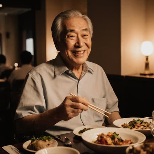60세 아시아계 남성이 아늑한 다이닝룸에서 편안한 복장을 하고 음식을 즐기며 미소 짓고 젓가락으로 식탁에 놓인 다양한 음식을 집고 있는 모습이 따뜻한 조명 아래 담겨 있습니다.