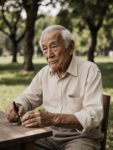 80대 백인 남성이 편안한 면 소재의 작업복을 입고 조용한 공원의 나무 그늘 아래에 있는 테이블에 앉아 있습니다. 그는 손에 공예 도구를 쥐고 깊은 생각에 잠긴 걱정스러운 표정을 지으며 자신의 작업을 반영하는 모습으로, 차분하면서도 사색적인 분위기를 자아냅니다.