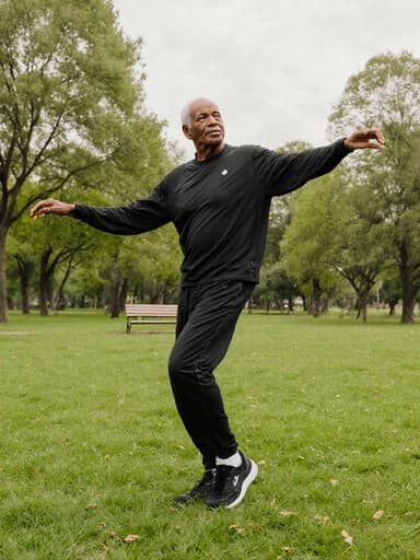 편안한 트레이닝복을 입고 있는 80대 아프리카계 남성이 지루한 표정을 지으며 춤추는 자세로 서 있는 풀 바디 샷. 그는 푸른 잔디와 나무, 벤치가 있는 아름다운 공원에 둘러싸여 있어 생기 있으면서도 편안한 분위기를 자아냅니다.