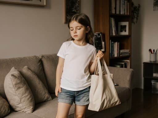 7세 유럽계 여아가 졸린 표정을 지으며 편안한 티셔츠와 반바지를 입고 가방을 들고 서 있는 반신 촬영. 아늑한 거실 배경 속 소파와 책장이 보이며, 부드러운 조명이 따뜻한 분위기를 더해줍니다.