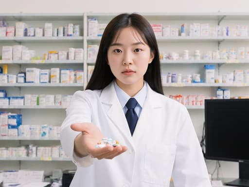 이 이미지는 약사 유니폼을 입고 약을 들고 달리는 진지한 표정의 동양인 소녀를 보여주며, 잘 정리된 약국의 배경과 약품 선반, 컴퓨터가 함께 배치되어 있습니다.