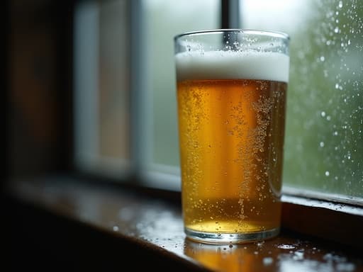 창턱에 놓인 맥주 캔의 클로즈업, 유리 위의 빗방울, 부드러운 자연광, 캔 위의 미세한 응축, 부드러운 보케 배경, 빗속의 반사, 아늑한 분위기.