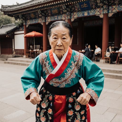 아름다운 전통 건축물과 작은 카페가 있는 배경에서, 걱정스러운 표정을 지으며 전통 한복을 입고 달려가는 80대 동양인 여성의 반신 사진입니다.