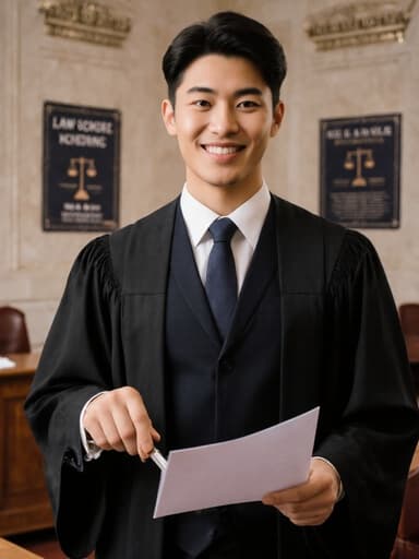 20대 혼혈 남성 모델이 정장 차림에 법원 로브를 입고, 한 손에 법률 서류를 들고 다른 손으로는 요리 도구를 다루고 있는 모습입니다. 법정 내부의 배경에는 법률 관련 포스터와 중앙 의자가 배치되어 있어 활기차고 전문적인 분위기를 연출합니다.