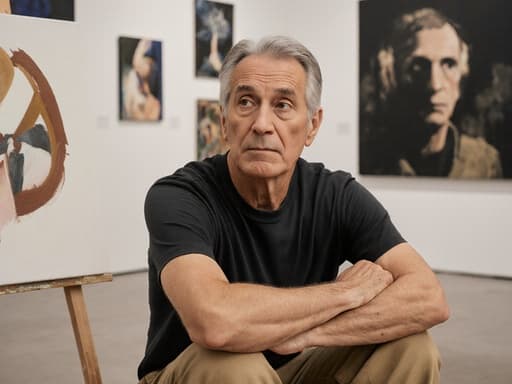 50대 혼혈 남성이 편안한 티셔츠와 작업용 바지를 입고 바닥에 앉아 팔짱을 끼고 캔버스를 지루한 표정으로 바라보고 있는 반신 사진입니다. 배경은 다양한 예술 작품으로 가득한 예술 갤러리로, 사색적인 분위기를 자아냅니다.