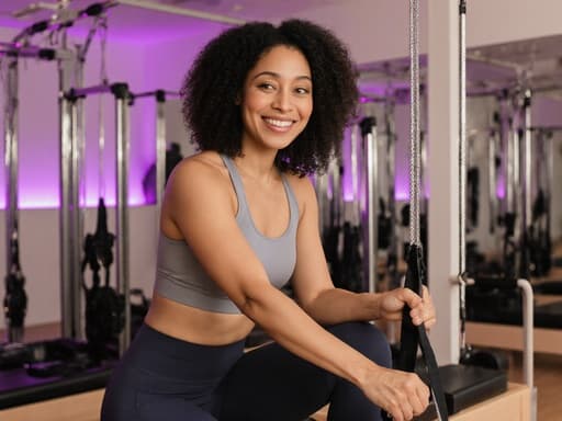 30대 혼혈 여성의 반신 사진으로, 편안한 필라테스 복장을 입고 있으며, 웃으며 필라테스 도구를 손에 들고 쇼핑하는 모습입니다. 배경에는 다양한 필라테스 기구들이 배열된 필라테스 센터의 내부가 보이며, 친근하고 활기찬 분위기를 반영합니다.