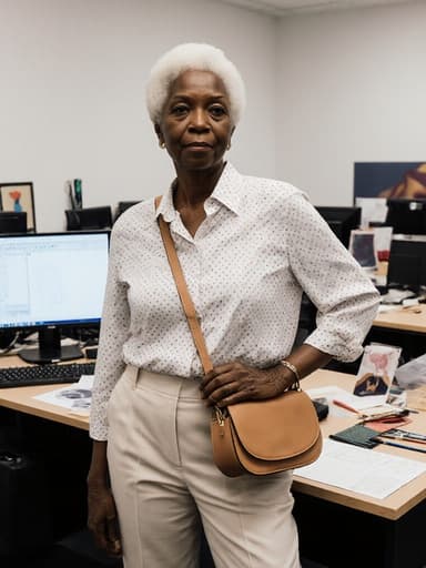 60대 아프리카계 여성의 반신 촬영, 모던한 블라우스와 편안한 팬츠를 입고 세련된 가방을 어깨에 메고, 디자인 도구와 샘플로 가득한 디자인 스튜디오에서 생각에 잠긴 모습.