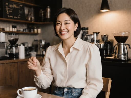 40대 한국인 여성이 아늑한 카페 주방에서 테이블 위의 커피잔을 들어 올리며 행복하게 미소 짓고 있는 반신 사진입니다. 따뜻한 조명과 다양한 커피 기구들이 배치되어 있습니다.