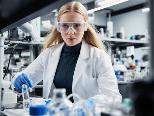 긴 금발 머리와 밝은 피부를 가진 10대 초반의 유럽계 소녀가 현대적인 실험실을 빠르게 달려가는 동적인 액션 샷을 담고 있습니다. 화이트 실험복, 실험복, 안전 안경을 착용한 그녀는 연구 작업의 긴장을 반영한 강한 표정을 짓고 있으며, 첨단 분석 도구와 장비로 둘러싸여 있습니다.