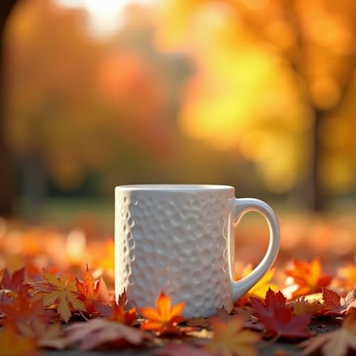 단풍이 물든 가을 정원에 있는 머그컵, 따뜻한 분위기.