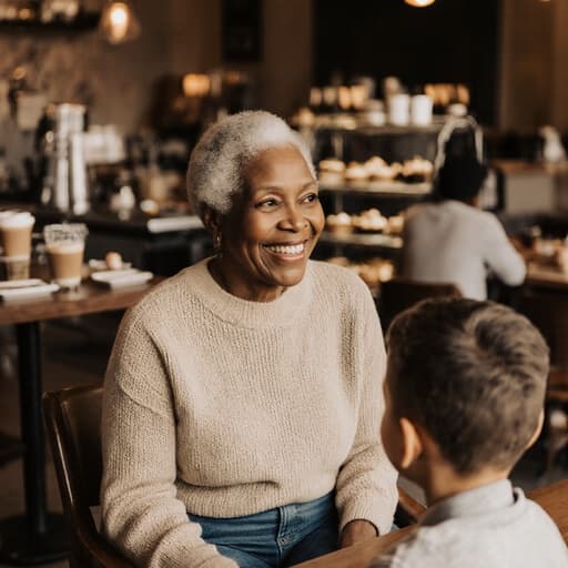 70대 흑인 여성이 편안한 니트 스웨터와 청바지를 입고 부드럽게 미소 지으며, 가까운 카페 테이블에서 손녀가 기대에 가득 찬 표정으로 그녀를 기다리고 있는 따뜻한 장면입니다. 카페는 다양한 음료와 디저트로 가득 차 있어 가족의 사랑과 유대감이 느껴지는 아늑한 분위기를 만들어냅니다.