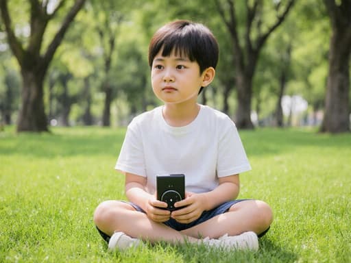 푸른 잔디 위에 앉아 음악 플레이어를 들고 약간 배고픈 표정을 지은 귀여운 외모의 7세 아시아계 남성의 반신 샷. 나무들이 우거진 공원의 배경이 함께합니다.