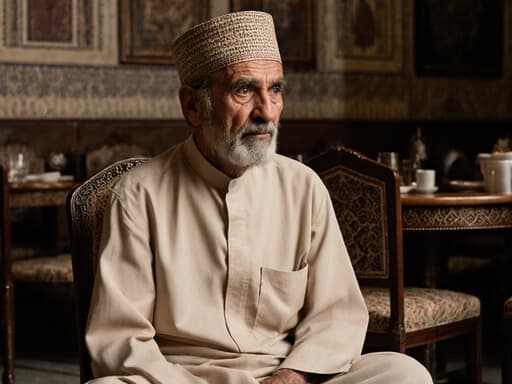 이 이미지는 70대 중동계 남성이 아늑한 카페에 앉아 전통 의상을 입고, 멀리 응시하며 차분한 표정을 짓고 있는 모습을 담고 있습니다.