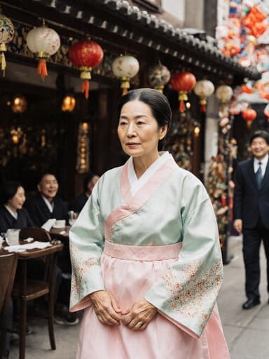 고요한 표정의 80대 혼혈 여성이 부드러운 파스텔 톤의 전통 한복을 입고 걷고 있는 반신 사진. 배경은 다양한 장식과 웃음소리가 가득한 축제 분위기의 카페 외부로, 고요함과 축제가 조화를 이루는 장면을 담고 있습니다.