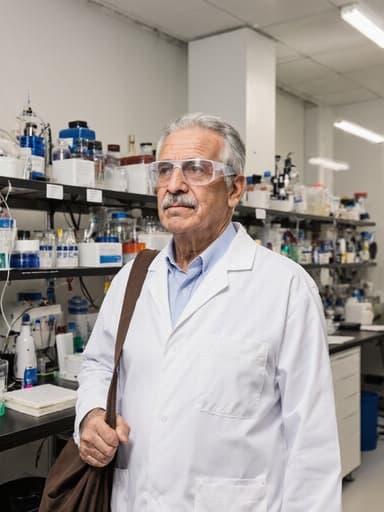 60대 중동계 남성이 하얀색 실험복과 안전 안경을 착용하고 반신상의 모습으로 촬영되었습니다. 그는 연구 가방을 어깨에 메고 실험 기구와 샘플이 가득한 연구실을 이동하면서 깊은 고민에 빠진 표정을 짓고 있습니다.