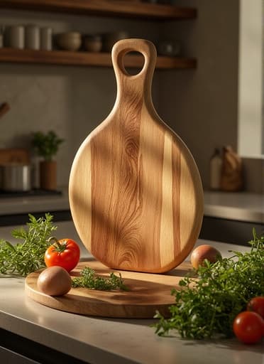 아름답게 제작된 나무 도마가 현대적인 주방의 조리대 위에 두드러지게 놓여 있습니다. 나무의 따뜻하고 자연스러운 색조가 배경의 세련된 스테인리스 가전과 대조를 이룹니다. 신선한 채소와 허브가 도마 주위에 예술적으로 배열되어 요리와 접대에 완벽한 매력적인 분위기를 만들어냅니다.