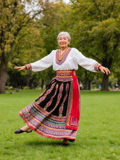 80대의 혼혈 여성의 전신 샷으로, 화려한 전통 춤 의상을 입고 팔을 활짝 펼치며 경쾌하게 춤추고 있는 모습이 푸르른 공원에서 담겨 있습니다. 전통과 우아함의 본질을 포착합니다.