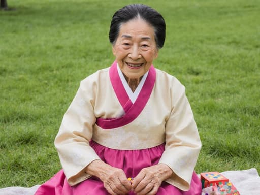 전통 한복을 입고 풀밭에 앉아 만족스러운 미소를 지으며 전통 놀이에 참여하고 있는 80대 한국인 여성의 반신 사진입니다. 그녀는 전통 축제가 열리는 푸른 잔디가 펼쳐진 공원에서 행복한 모습을 보여주고 있습니다.
