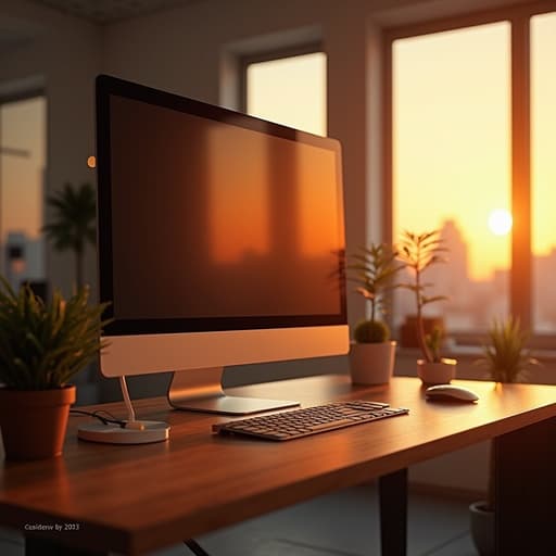 세련된 책상 위의 모니터, 황금빛 노을이 비치는 공간, 따뜻하고 고요하며 초대하는