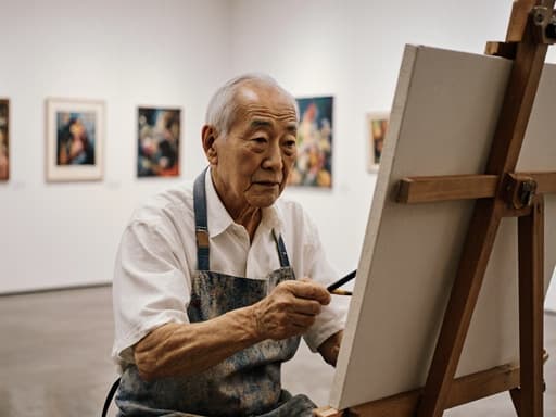 60대의 동양인 남성이 편안한 작업복과 앞치마를 착용하고 캔버스에서 작업 중인 모습을 반신 샷으로 포착했습니다. 그는 갤러리 전시실에 앉아 있으며, 긴장한 표정으로 집중하고 있습니다. 배경에는 다양한 작품들이 걸려 있어 예술적인 분위기를 더하고 있습니다.
