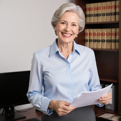 60대 백인 여성의 반신 사진으로, 깔끔한 블라우스와 정장 바지를 입고 현대적인 법률 사무실에 앉아 있습니다. 한 손에는 법률 서류를 들고 있으며, 다른 손으로 서류를 정리하고 있는 모습입니다. 책장과 컴퓨터가 있는 전문적인 환경이 배경으로 보입니다.