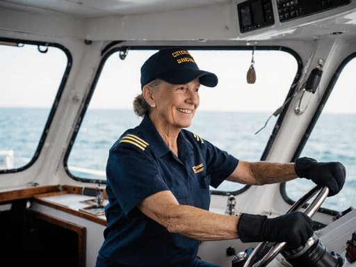 이 이미지는 자연스러운 외모의 50대 백인 여성이 어선 운항에 적합한 작업복을 입고 있는 모습을 담고 있습니다. 그녀는 조타 장치를 역동적으로 조작하며, 열정적인 표정을 통해 강한 의지를 드러내고 있습니다. 어선의 내부가 보이며, 창문을 통해 아름다운 바다 경치가 펼쳐져 있어 생동감 넘치는 분위기를 연출합니다.