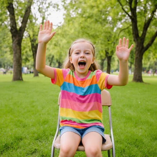 즐거운 표정을 지으며 의자에 앉아 노래를 부르고 있는 7세 유럽계 소녀가 화사한 색상의 티셔츠와 반바지를 입고, 푸른 잔디와 나무들이 있는 공원에서 찍힌 이미지입니다.