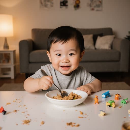 귀여운 1살 동양인 남성이 편안한 티셔츠와 바지를 입고 아늑한 거실의 식탁에 앉아 있습니다. 귀여운 미소를 지으며 작은 숟가락을 쥐고 다채로운 접시에서 음식을 먹으려고 합니다. 부드러운 조명이 비추는 방은 아기자기한 장난감들로 장식되어 있어 따뜻하고 playful한 분위기를 만들어냅니다.