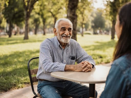 80대 중동계 남성이 카페 테이블에 앉아 있는 반신 사진으로, 주름이 많은 얼굴에 지친 표정을 짓고 있습니다. 그는 편안한 체크무늬 셔츠와 청바지를 입고 있으며, 눈꺼풀이 무겁고 약간의 미소를 띠고 있습니다. 그의 손은 카페 테이블 위에 올려져 있고, 반대쪽 의자에 앉아 있는 가족을 기다리고 있는 모습입니다. 배경은 따뜻한 햇살이 비추는 공원 풍경으로, 나무와 잔디가 어우러져 있으며, 사랑하는 사람과의 만남을 기대하는 따뜻한 분위기를 연출하고 있습니다.