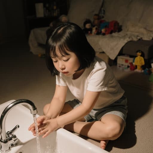 아늑한 거실에서 자연스럽고 편안한 모습을 한 7세 한국인 소녀의 반신 촬영. 편안한 티셔츠와 반바지를 입고, 손으로 세면대의 물을 받고 있는 모습에서 졸린 표정을 짓고 있다. 부드러운 조명과 흩어져 있는 장난감들이 따뜻하고 매력적인 분위기를 만들어내며, 어린 시절의 본질을 포착하고 있다.