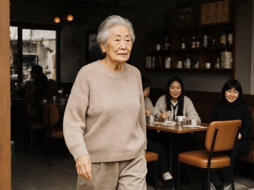 80대 한국인 여성의 반신 사진으로, 자연스러운 외모를 가진 그녀가 아늑한 카페 내부를 편안하게 걷고 있습니다. 간편한 니트 스웨터와 편안한 바지를 입고 무관심한 표정을 짓고 있습니다. 배경에는 가족이 테이블에 앉아 있어 따뜻한 분위기를 만들어 주고 있습니다.