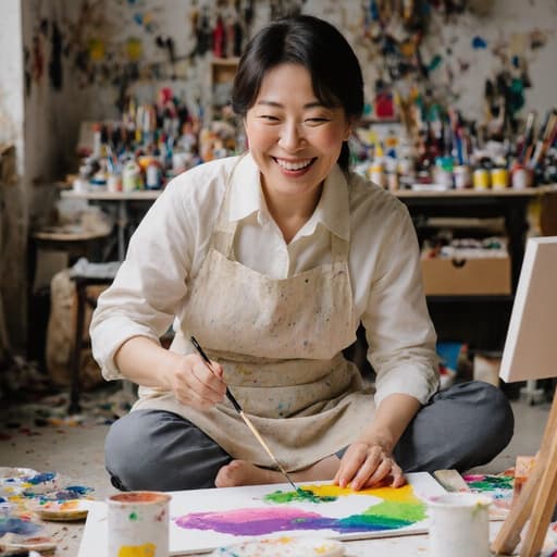 40대 한국인 여성의 반신 사진으로, 편안한 작업복과 앞치마를 착용하고 바닥에 앉아 다양한 그림 도구로 가득한 아틀리에에서 캔버스에 그림을 그리며 밝게 웃고 있는 모습입니다. 그녀의 표정은 창의성과 행복을 담고 있습니다.