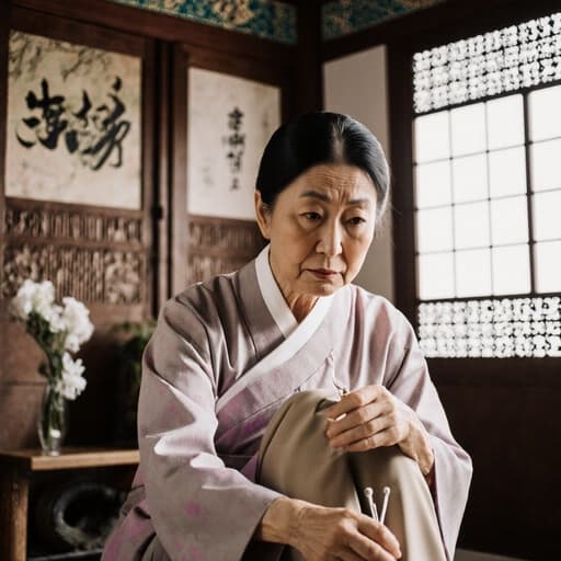 60대 아시아계 여성이 전통 한복을 입고 침 치료 도구를 들고 신발을 신으려 준비하며 치료에 대한 걱정스러운 표정을 짓고 있는 모습. 한옥 내부의 고급스러운 장식과 한지 창문이 배경을 이루고 있다.