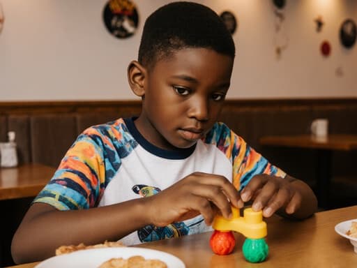 7세 흑인 남성이 자연스러운 외모로 화려한 그래픽 티셔츠와 편안한 반바지를 입고 있는 반신 촬영입니다. 그는 배고픈 표정을 지으며 입을 약간 벌리고 눈을 크게 뜨고 있습니다. 남자는 테이블 위에 있는 장난감을 주의 깊게 바라보며 손으로 만지작거리고 있습니다. 배경은 아기자기한 장식이 걸린 아늑한 카페 내부로, 테이블 위에는 간단한 간식이 놓여 있어 초대하는 분위기를 자아냅니다.