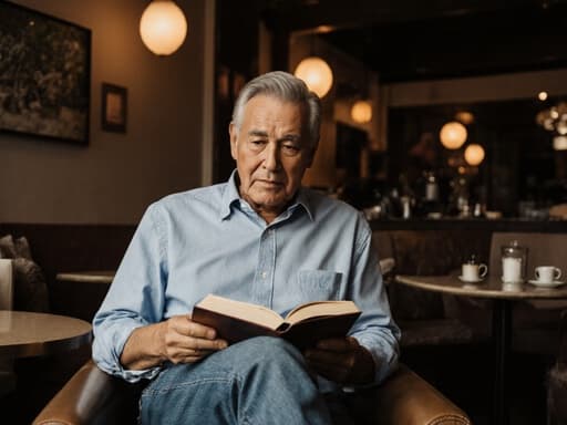 50대 혼혈 남성이 아늑한 카페에서 편안한 셔츠와 청바지를 입고 의자에 앉아 책을 읽고 있는 반신 사진입니다. 카페의 따뜻한 장식이 더해져 초대하는 분위기를 만들어 내며, 장면은 편안하고 매력적으로 느껴집니다.
