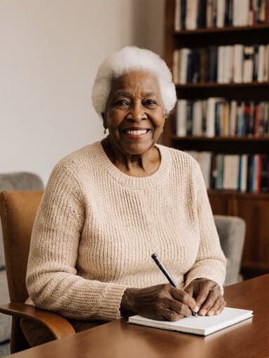 80대 아프리카계 여성이 자연스러운 외모로 편안한 니트 스웨터와 따뜻한 색상의 바지를 입고 아늑한 거실에 앉아 있는 반신 사진입니다. 그녀는 친근한 표정을 지으며 미소를 짓고 손에 노트를 들고 집중하는 모습입니다. 배경에는 책장과 편안한 소파가 있어 따뜻하고 초대하는 분위기를 만들어냅니다.