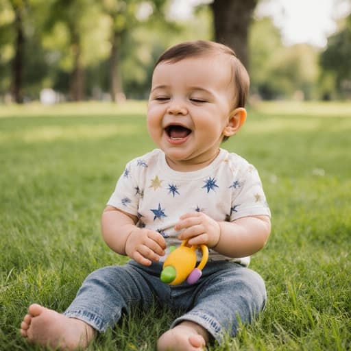 푸른 잔디 위에 앉아 있는 귀여운 1세 혼혈 아기의 반신 사진. 편안한 티셔츠와 바지를 입고 졸린 표정으로 부드럽게 노래를 부르며 작은 장난감을 만지고 있는 모습이 푸른 자연에 둘러싸여 있습니다.