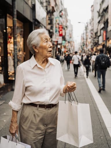 60대 동양인 여성이 캐주얼한 블라우스와 바지를 입고 쇼핑백을 들고 놀란 표정으로 사람들과 가게들로 가득한 도시의 쇼핑 거리에서 주변을 둘러보며 놀라운 모습을 담고 있습니다. 활기찬 분위기가 그녀의 쇼핑에 대한 흥분을 잘 나타냅니다.