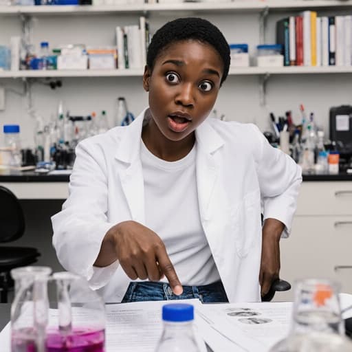 20대 아프리카계 여성이 실험실 가운을 입고 편안한 티셔츠와 청바지를 착용한 채 실험실에 앉아 있습니다. 그녀는 놀란 표정으로 책상 위의 연구 자료를 가리키고 있으며, 화학 장비와 정리된 책들이 배경을 이루어 생동감 넘치는 연구 분위기를 만들어냅니다.