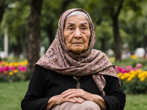 70대 중동계 여성의 반신 샷으로, 전통 의상을 입고 머리에 스카프를 두르고 있으며 걱정스러운 표정을 지으며 주름 잡힌 치마 위에 손을 올리고 아름다운 공원에서 나무와 꽃들 속에서 기다리고 있는 모습입니다.