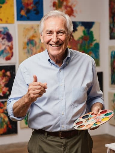 60대 유럽계 남성이 편안한 셔츠와 바지를 입고 긍정적인 미소를 지으며 팔레트를 들고 있는 반신 촬영, 화사한 갤러리 벽과 여러 작품들이 전시된 배경 속에서 창조적인 분위기를 반영합니다.