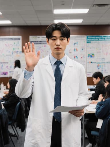 연구 결과에 대한 걱정스러운 표정을 지으며 인사하고 연구 자료를 들고 있는 10대 후반 아시아계 남성이 실험실 코트를 입고 학술회의실에서 촬영된 반신 사진. 배경에는 다양한 연구 결과가 게시되어 있고 여러 사람들이 의견을 나누고 있다.