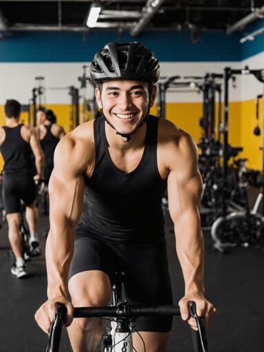 20대의 라틴계 남성이 운동복과 헬멧을 착용한 채 밝게 웃으며 운동용 자전거를 타고 있는 모습. 훈련장 배경에는 다양한 운동 기구와 훈련 중인 다른 선수들이 보이고, 에너지 넘치는 분위기를 자아냅니다.