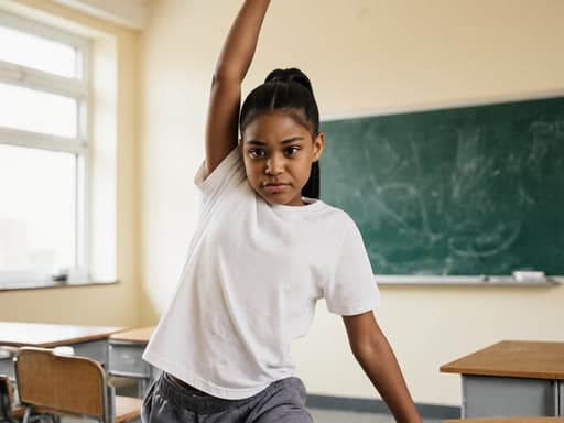 10대 초반의 혼혈 소녀의 반신 사진으로, 편안한 운동복을 입고 자연스러운 모습을 보여줍니다. 그녀는 살짝 찡그린 표정으로 한쪽 팔을 위로 뻗고 다른 팔은 편안하게 늘어뜨리며 스트레칭을 하고 있으며, 칠판과 책상이 있는 밝은 교실 배경에서 활기차고 에너제틱한 분위기를 연출하고 있습니다.