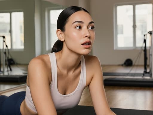 20대 라틴계 여성의 반신 사진으로, 자연스러운 외모를 가진 모델이 밝고 현대적인 필라테스 스튜디오의 필라테스 매트 위에서 기다리며 당황한 표정을 짓고 있습니다. 그녀는 편안한 필라테스 복을 착용하고 있으며, 세련되고 편안한 분위기를 자아냅니다.