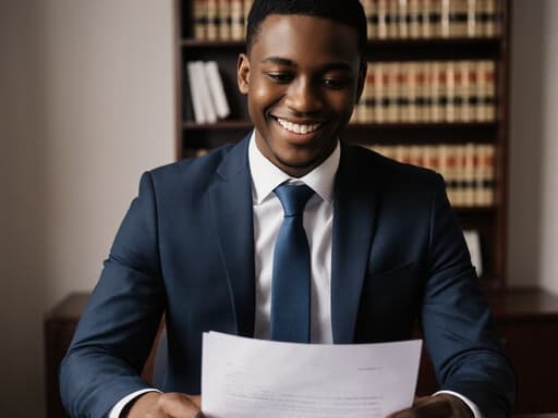20대 아프리카계 남성이 반신 샷으로 정장과 넥타이를 입고 법률 문서를 들고 읽으며 밝게 웃고 있는 모습입니다. 배경은 법률 상담실로, 법률 서적이 놓인 책상이 있어 전문적이고 친근한 분위기를 자아냅니다.